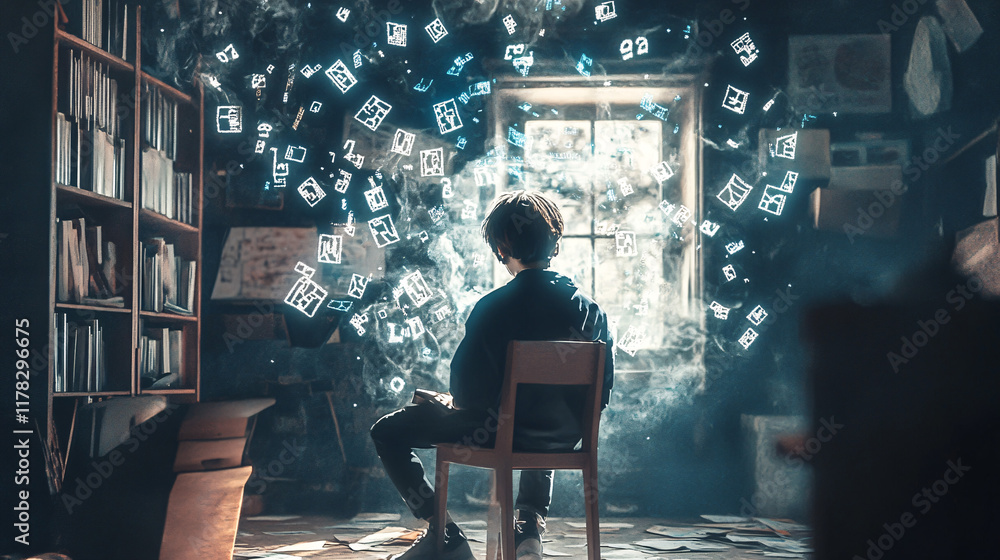 Poster a student sitting in a classroom surrounded by swirling letters and symbols, each representing a dif