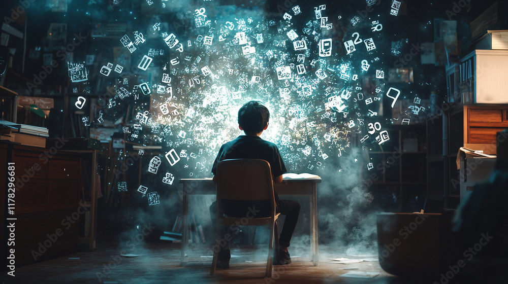Poster a student sitting in a classroom surrounded by swirling letters and symbols, each representing a dif