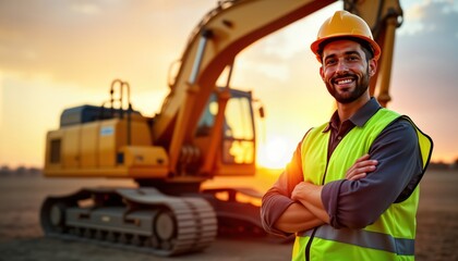 Happy construction worker stands in front of large excavator at sunrise. Pro operator looks at camera. Wears safety helmet, vest. Industrial site at sunrise. Building project in progress. Modern