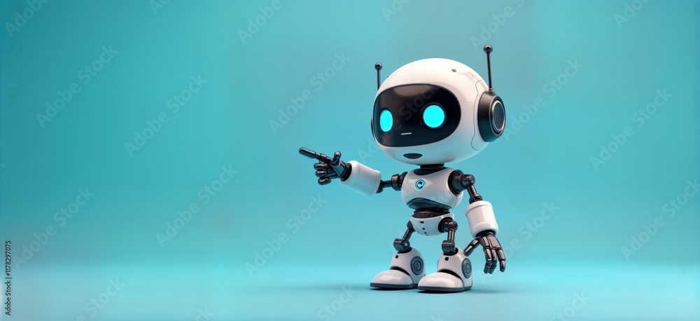 Poster Cute mini robot points at empty space on blue background. Friendly character. Modern tech illustration. Adorable robot design. Perfect for tech concepts, futuristic themes, children products,
