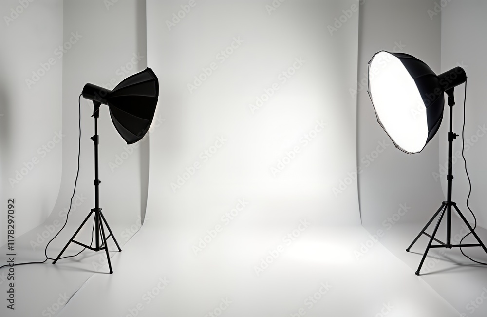 Aufkleber studio photo shoot setup. two softbox lights on tripods illuminate empty white studio space. pro pho