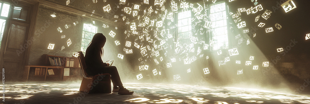Poster a student sitting in a classroom surrounded by swirling letters and symbols, each representing a dif