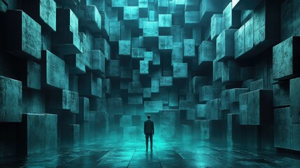 Man in dark suit exploring glowing blue cube tunnel, ideal for tech or mystery concepts