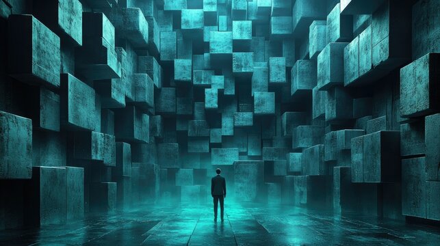 Man in dark suit exploring glowing blue cube tunnel, ideal for tech or mystery concepts