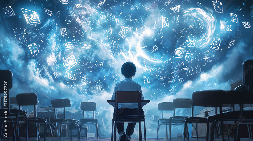 Poster a student sitting in a classroom surrounded by swirling letters and symbols, each representing a dif