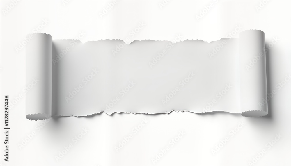 Poster Ripped white paper strips with irregular edges isolated on white background. Torn pieces rolled creating design element. Paper scraps, fragments displayed. Image perfect for graphic design digital