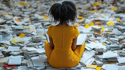 Woman reads amidst paper chaos, overwhelmed by workload