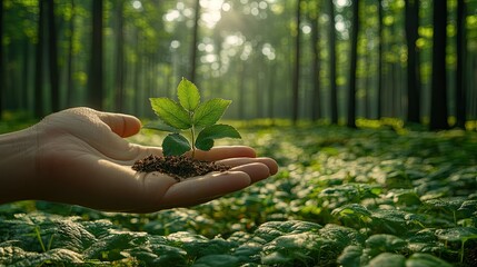Hand holding sapling in sunlit forest promotes reforestation and conservation