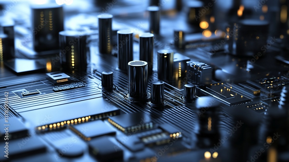 Fototapete Close-up of a circuit board's intricate design, showcasing its metallic components and complex pathways.