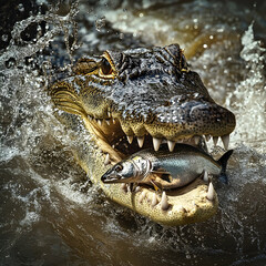 Obraz premium Crocodile Catching Fish Realistic Image