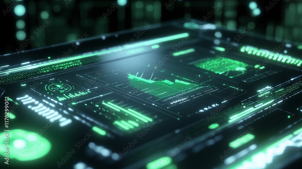 Aufkleber Futuristic green digital interface with data graphs and charts on a transparent screen.