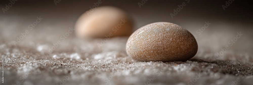 Poster two small, round, light brown objects rest on a textured, light gray surface.