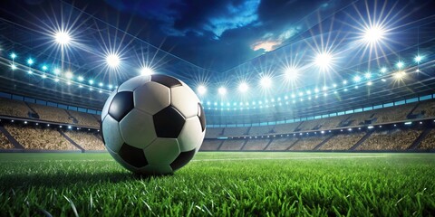 Fototapeta premium Night Soccer Game, Close Up Soccer Ball Stadium Grass, Illuminated, Candid Photography