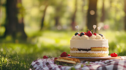 delicious cake with fresh berries sits on picnic blanket in serene outdoor setting, surrounded by lush greenery and soft sunlight, creating romantic atmosphere