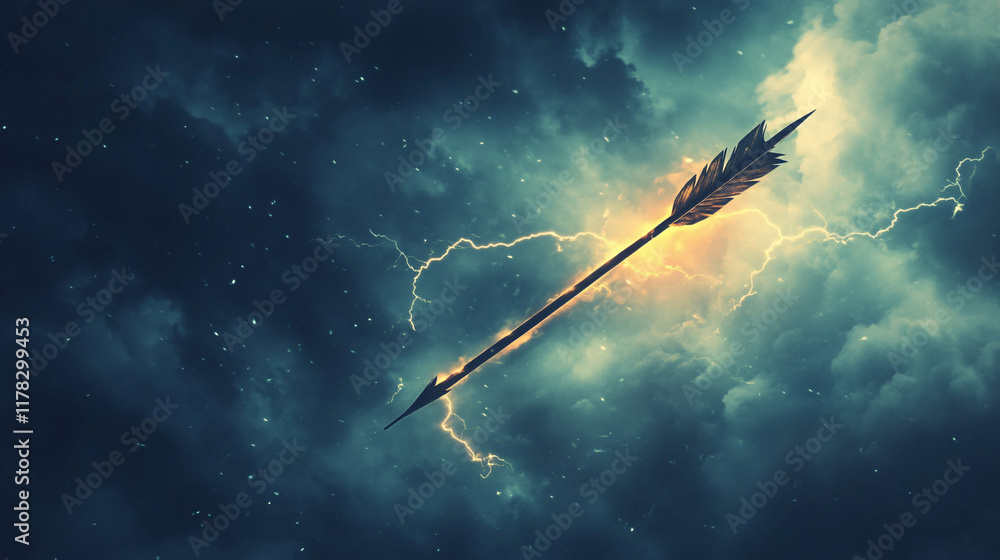 Poster a stylized arrow flying through a stormy sky, with lightning illuminating its path, symbolizing cour