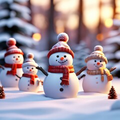 Fototapeta premium an AI Image Generator, Smiling Snowmen in a Winter Wonderland at Sunset