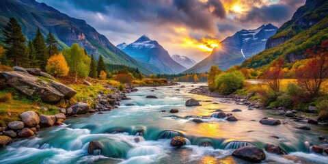 Obraz premium Norway River Mountains Bokeh Landscape Photography - Stunning Scenery, Breathtaking Views