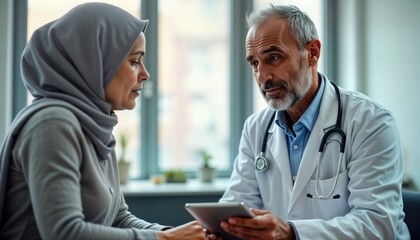 Fototapeta premium Indian oncologist consults patient. Doctor explains treatment options. Compassionate medical care. Patient listens attentively. Consultation in hospital room. Pro healthcare setting. Doctor uses