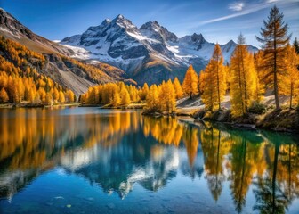 Fototapeta premium Orceyrette Lake Autumn Photography, Golden Larch Trees, Briançon Hautes-Alpes, French Alps Snow Peak Landscape