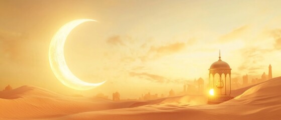 Obraz premium Ramadan Mubarak Banner Design With 3D Render, With Exquisite Crescent Moon And Illuminated Arabic Lamp On Sand Dune