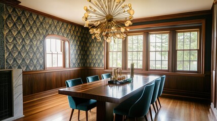 Elegant Dining Room with Art Deco Wallpaper and Modern Chandelier