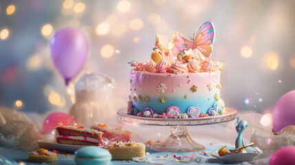 whimsical cake with fairy tale theme, featuring pastel colors, butterflies, and enchanting decorations, perfect for celebrations and special occasions