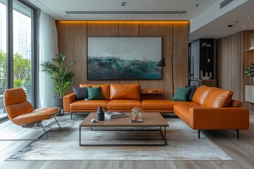 Modern living room with light brown leather sofas, chairs, metal-legged coffee tables, green accents, wooden armrests, and high-quality textures, exuding a luxurious and clean technological style.