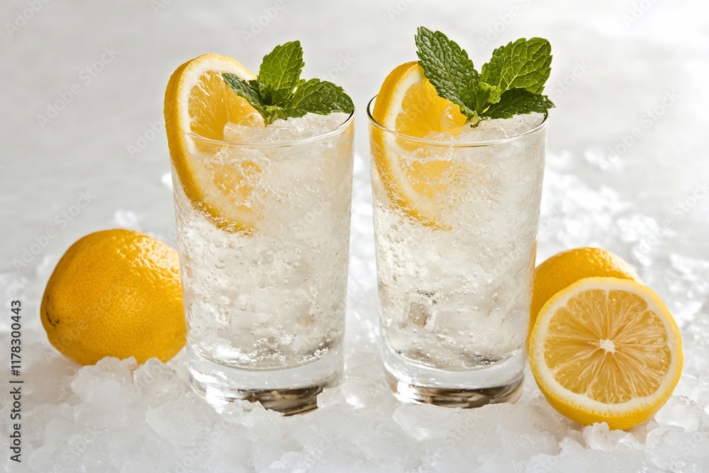 Poster two refreshing lemon iced drinks in glasses with ice and lemon slices.