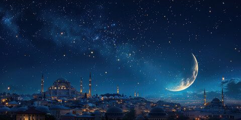 Fototapeta premium A night scene of a city with a large mosque, multiple minarets, and a crescent moon in the sky, surrounded by numerous stars, creating a serene and picturesque atmosphere