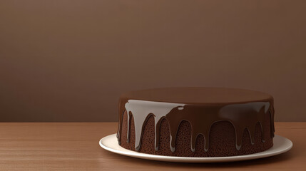 rich chocolate cake with glossy ganache topping sits elegantly on wooden table, perfect for romantic dinner or special occasion