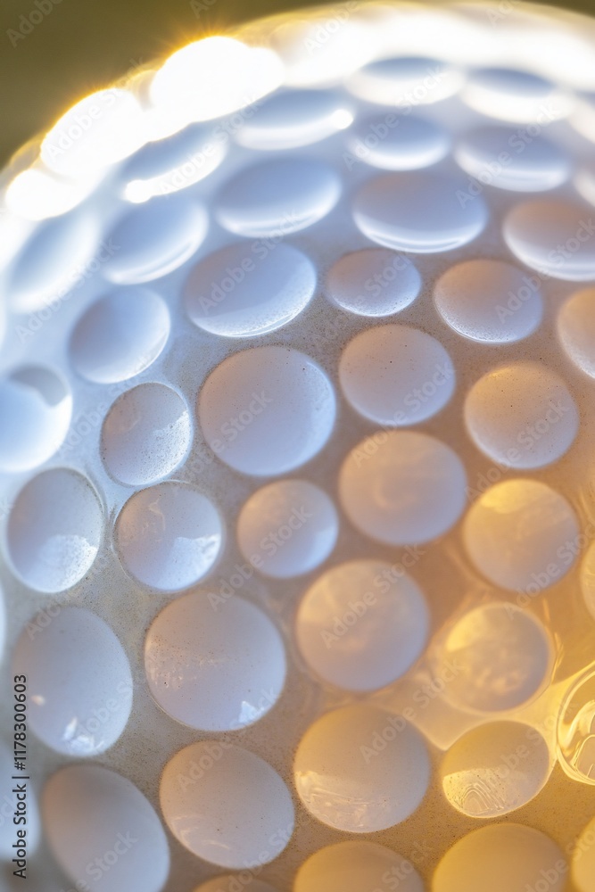 Poster close-up of a golf ball's dimpled surface, illuminated by warm light, showing texture and depth.