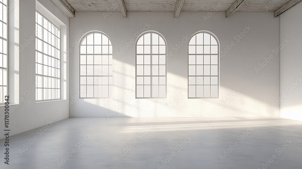 Aufkleber sunlit empty white room with arched windows and concrete floor.