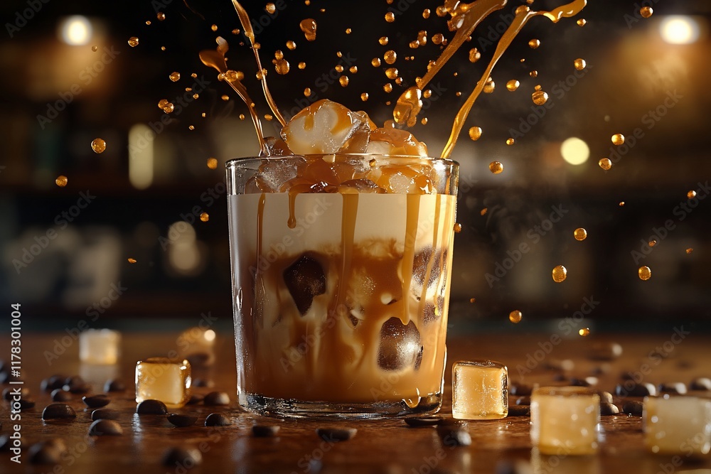 Poster iced coffee with caramel syrup splashing into a glass filled with ice cubes, surrounded by coffee be