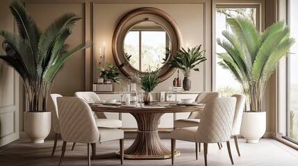Luxurious dining room, Moroccan-inspired arched doorway, round wooden table, cream upholstered chairs, ornate ceiling molding, large potted plants, warm lighting, elegant table setting, symmetrical de