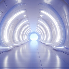 Fototapeta premium Futuristic White Tunnel SciFi Corridor Bright LED Lights Modern Architecture Abstract Background
