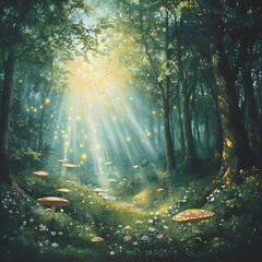 Enchanted Forest Illustration: Sunlit Path, Mushrooms, and Fireflies
