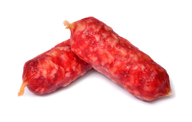 Small dry smoked sausages for beer isolated on white background