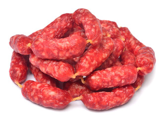 Small dry smoked sausages for beer isolated on white background