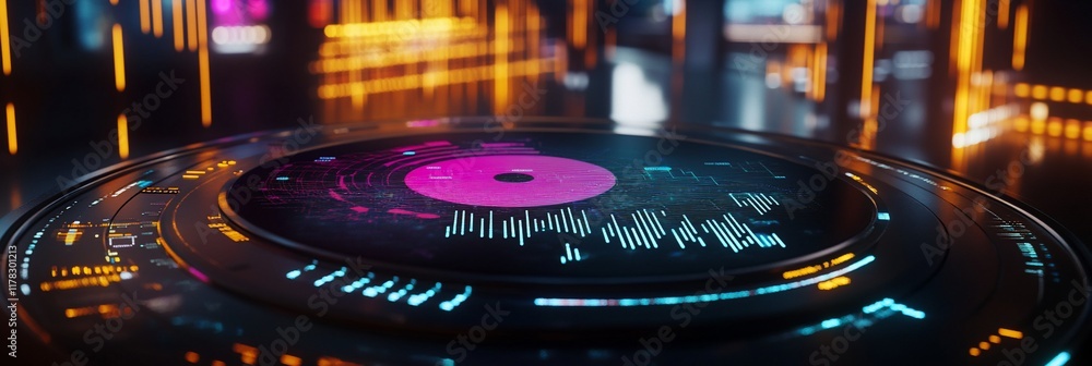 Poster Futuristic glowing disc with data visualization on a dark surface.