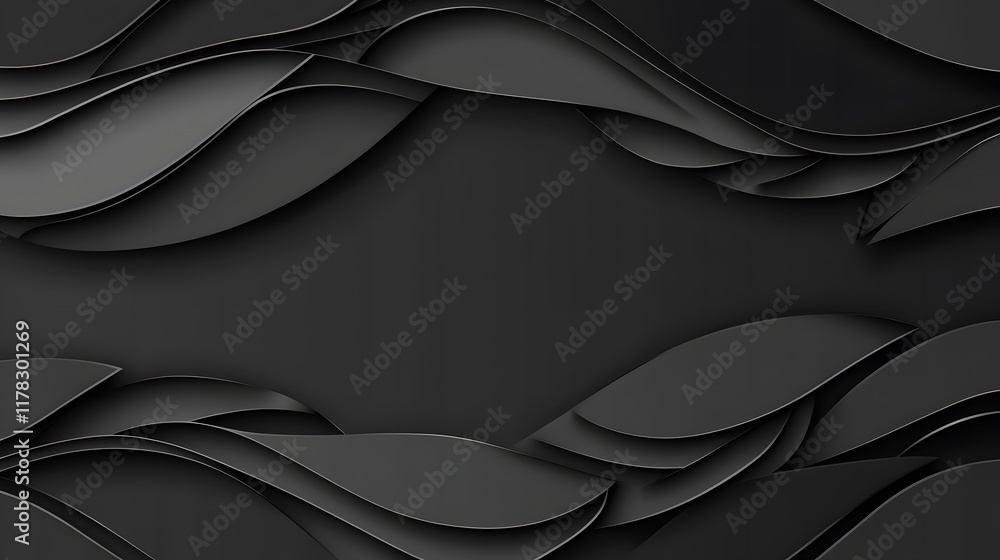Poster abstract layered background with smooth curves and flowing lines in shades of dark gray and black fo