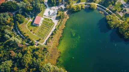 Naklejka premium A green lake with a house in the background