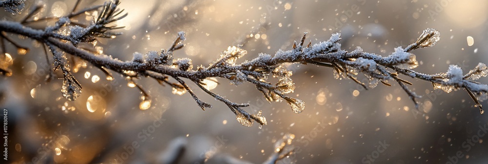 Poster frosty branch with bokeh background, winter scene.