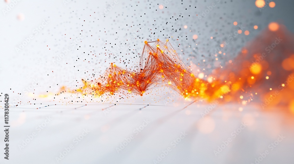 Poster abstract orange glowing particles forming a wave on a white surface.