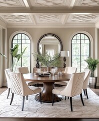 Luxurious dining room, Moroccan-inspired arched doorway, round wooden table, cream upholstered chairs, ornate ceiling molding, large potted plants, warm lighting, elegant table setting, symmetrical de