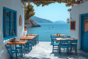  White wooden chairs and tables with blue seats on the roof of a beach restaurant, Mediterranean style with sea view and summer vibes.
