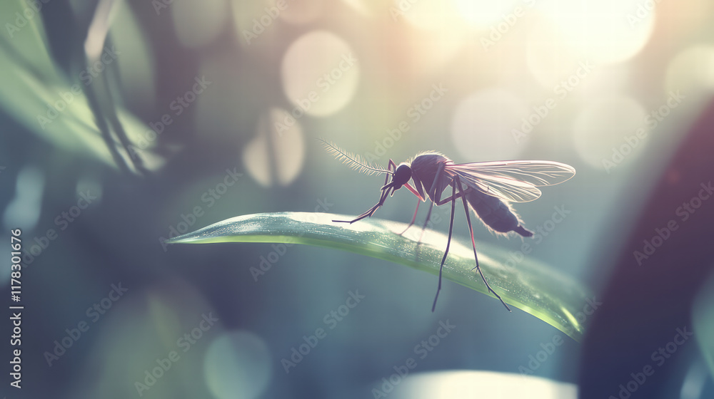 Poster close up of mosquito perched on leaf, showcasing its delicate features and intricate details in soft