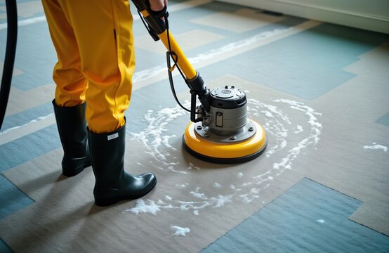 Pro carpet cleaning service in action. Person in protective yellow clothing, black rubber boots operates commercial carpet cleaning machine. Cleaning product foams applied, distributed evenly by