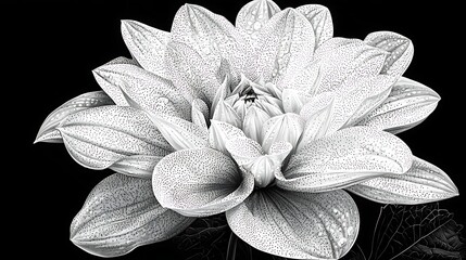 Monochrome close-up of a dew-covered dahlia flower against a black background.