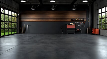 Modern, spacious garage interior with polished concrete floor, wood paneling, large windows, and tools.