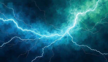 White lightning strikes against blue and green sky